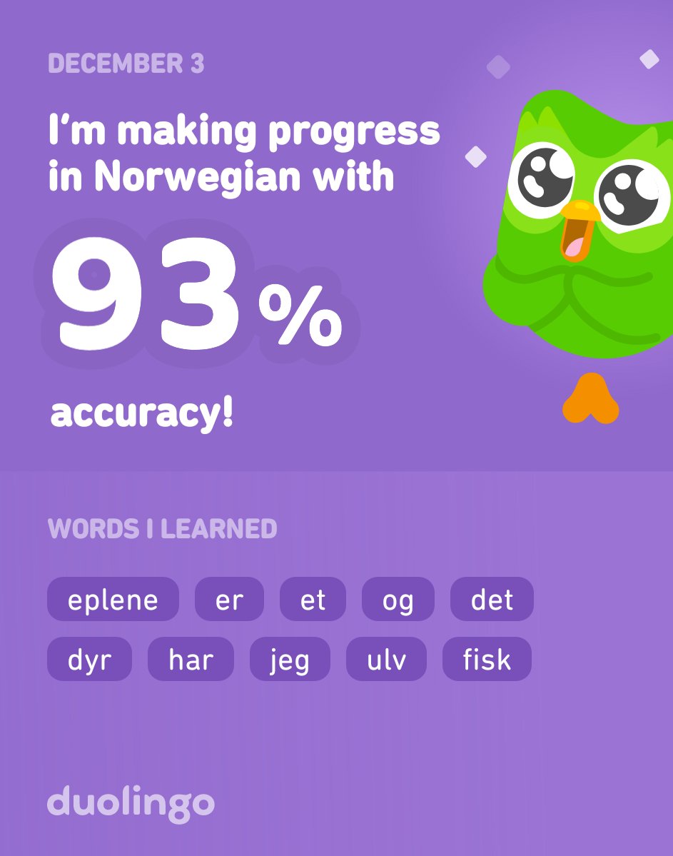 Samueleiguel's tweet photo. I’m learning Norwegian on Duolingo! It’s free, fun, and effective. https://t.co/2asNo7Ymb1