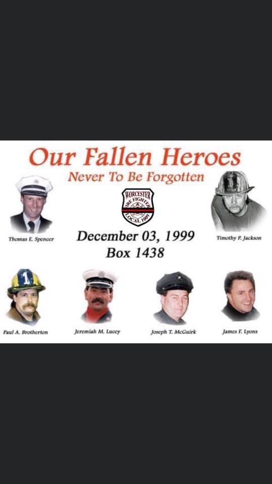 WorcesterFD1009's tweet image. Another year has passed, but the legacy our fallens brothers lives on. Please remember the Worcester 6 today. Paul Brotherton, Jerry Lucey, Tom Spencer, Tim Jackson, Jay Lyons, and Joe McGuirk made the ultimate sacrifice on Dec 3rd 1999, we never forget.

#WorcFFsL1009
