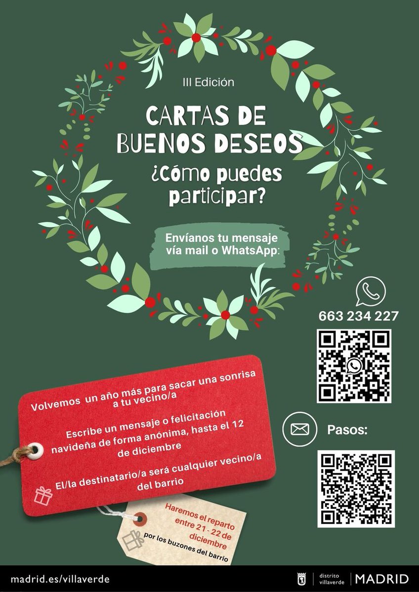 Llega una nueva edición de `Cartas de Buenos Deseos´ ✉🤗 

✅Si quieres felicitar, dar las gracias o decirle a una persona que te acuerdas de ella, haz una carta dibujo, fotografía o lo que se te ocurra y el Servicio de Prevención y Mediación de Villaverde se lo hará llegar 👇