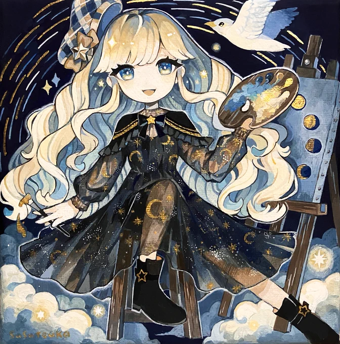 「真夜中のアトリエ」2022年10月Art Parade 2022 展示用作品使用画材…アクリルガッシュ・15cm×15cm麻張りキャンバス 
