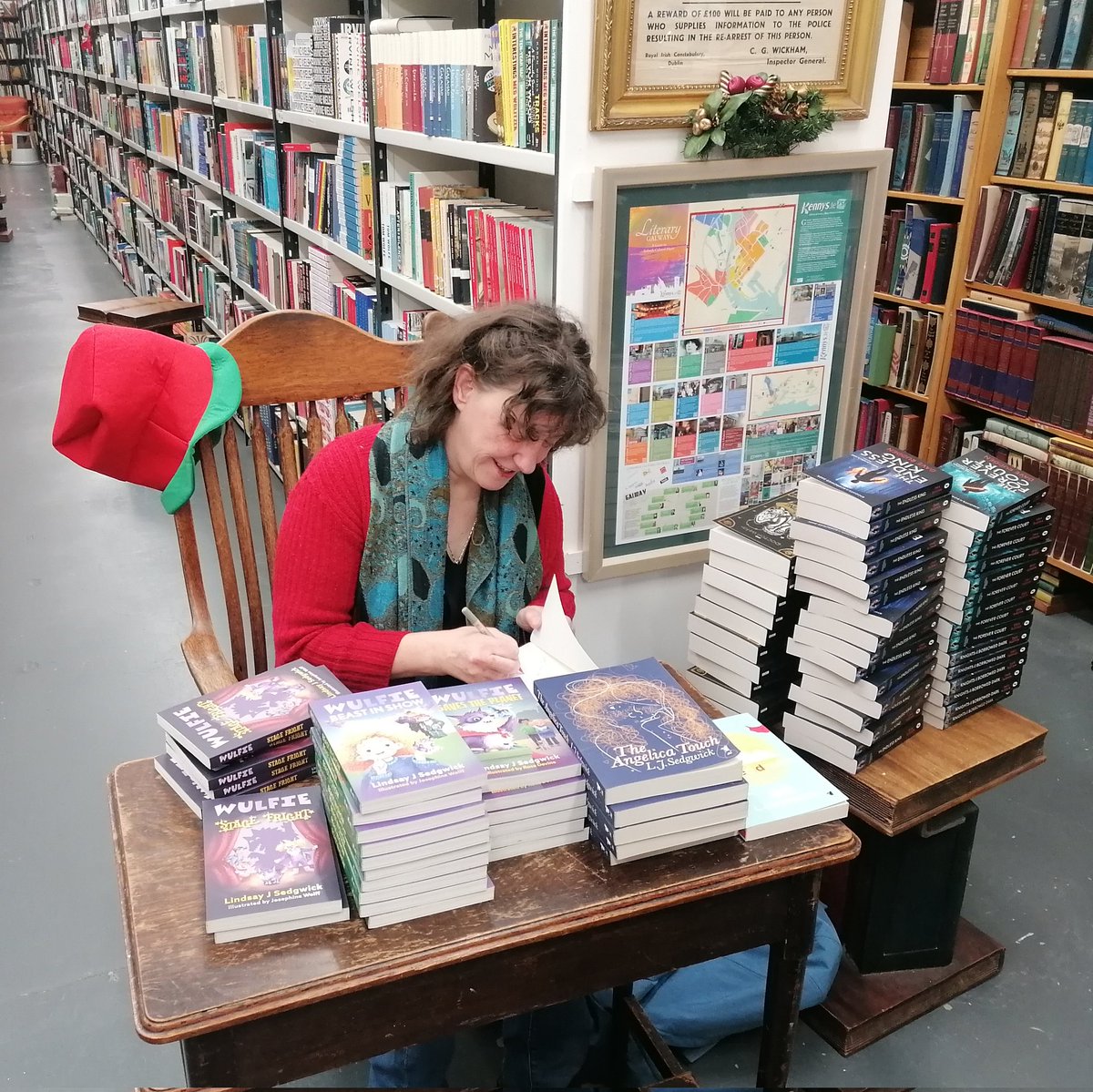 LJSedgwick's tweet photo. Had great fun signing books in @KennysBookshop this morning. Such a wonderful treasure trove of a bookshop. You could lose yourselves among the shelves for hours! Thanks Ronan for such a welcome❤️ #WulfieSeries #supportindependentbookshops @LittleIslandBks #WriteThatScript https://t.co/LhCvQHxkBP