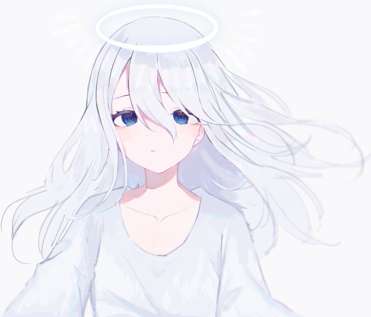 1girl solo halo blue eyes long hair looking at viewer white hair  illustration images