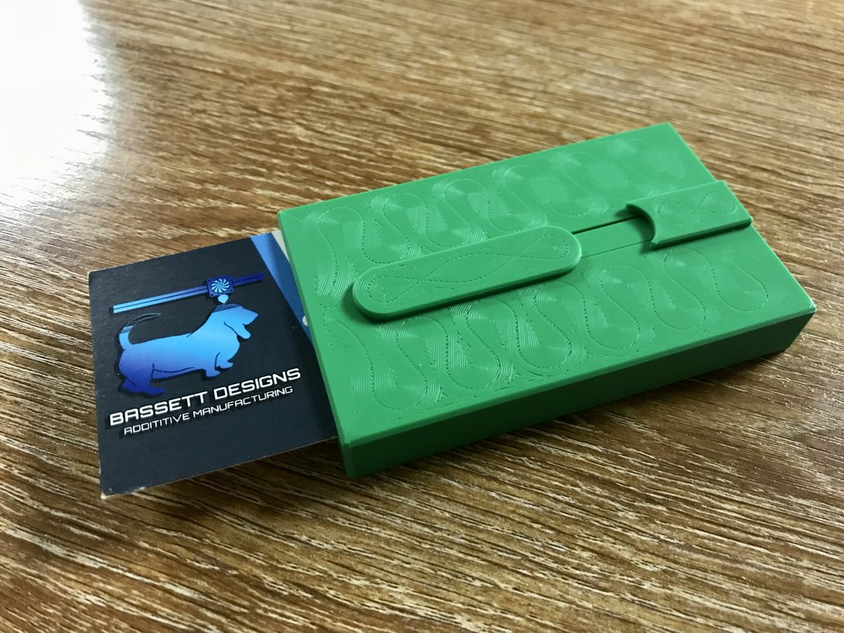 BassettDesigns's tweet photo. Spring loaded Business Card case; fully printed, springs and all!

Filament: Green PLA Pro
Nozzle: 0.4mm
Layer: 0.2mm
Weight: 33g
Time: 4H31M

Designer: @LoboCNC
Model: https://t.co/yFUtehRB4O

#3dprinting #3dprinted #3dprinter #thingiverse #printables #etsy #etsyshop #pla https://t.co/SmBKFYYqQG