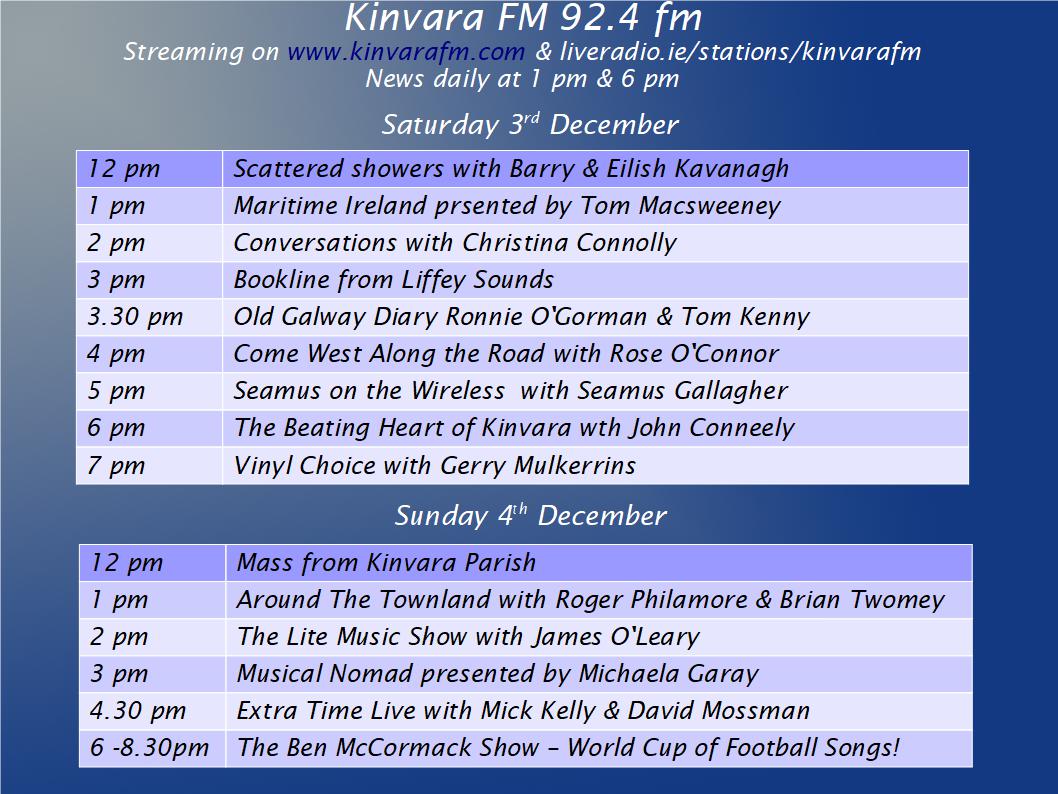 Join us today for another great lineup of shows on 92.4FM and streaming on kinvarafm.com Visit our stall at the Kinvara Christmas Fair today and tomorrow.