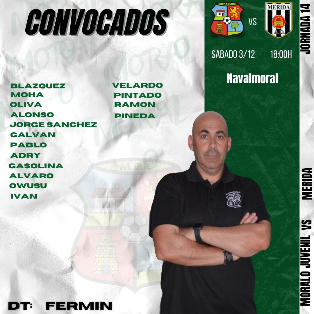 Día de partido! ✅ Estos son los convocados para recibir al líder en casa! Os esperamos a todos en el Municipal! 

Moralo Juvenil 🆚 <a href="/Merida_AD/">A.D. Mérida</a> 
⌚️18:00H
📍Campo Municipal de deportes