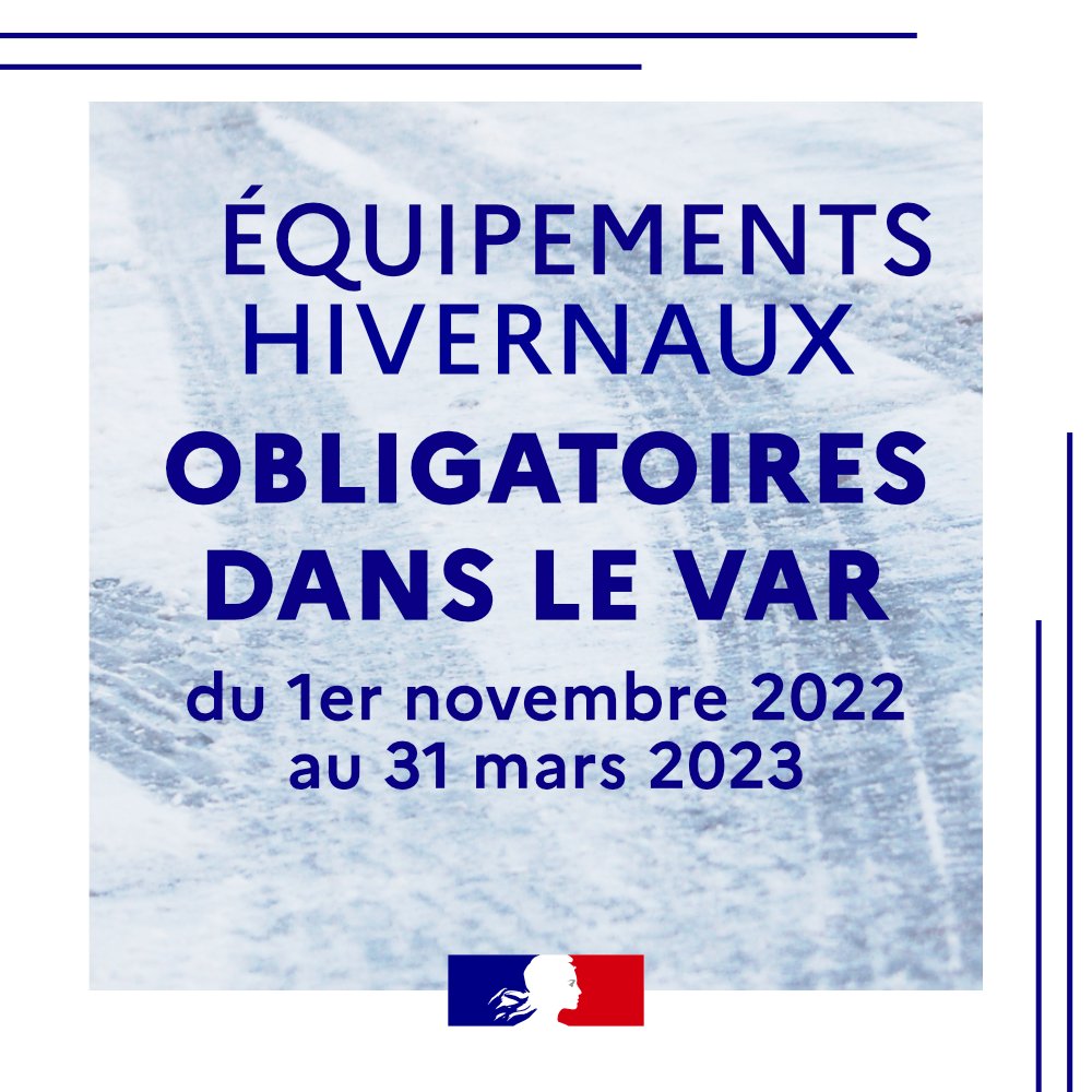 Prefet83's tweet photo. #SécuritéRoutière | ⚠ Du 1er novembre au 31 mars vous devez être équipé de pneus hiver, chaînes ou chaussettes pour circuler dans 28 communes du nord du #Var 
➡ Voitures/utilitaires 🚗
➡ Autocars/poids lourds 🚛
📌Les communes concernées 👉 https://t.co/FI4WkE1XTg https://t.co/VpiMXSwhSU