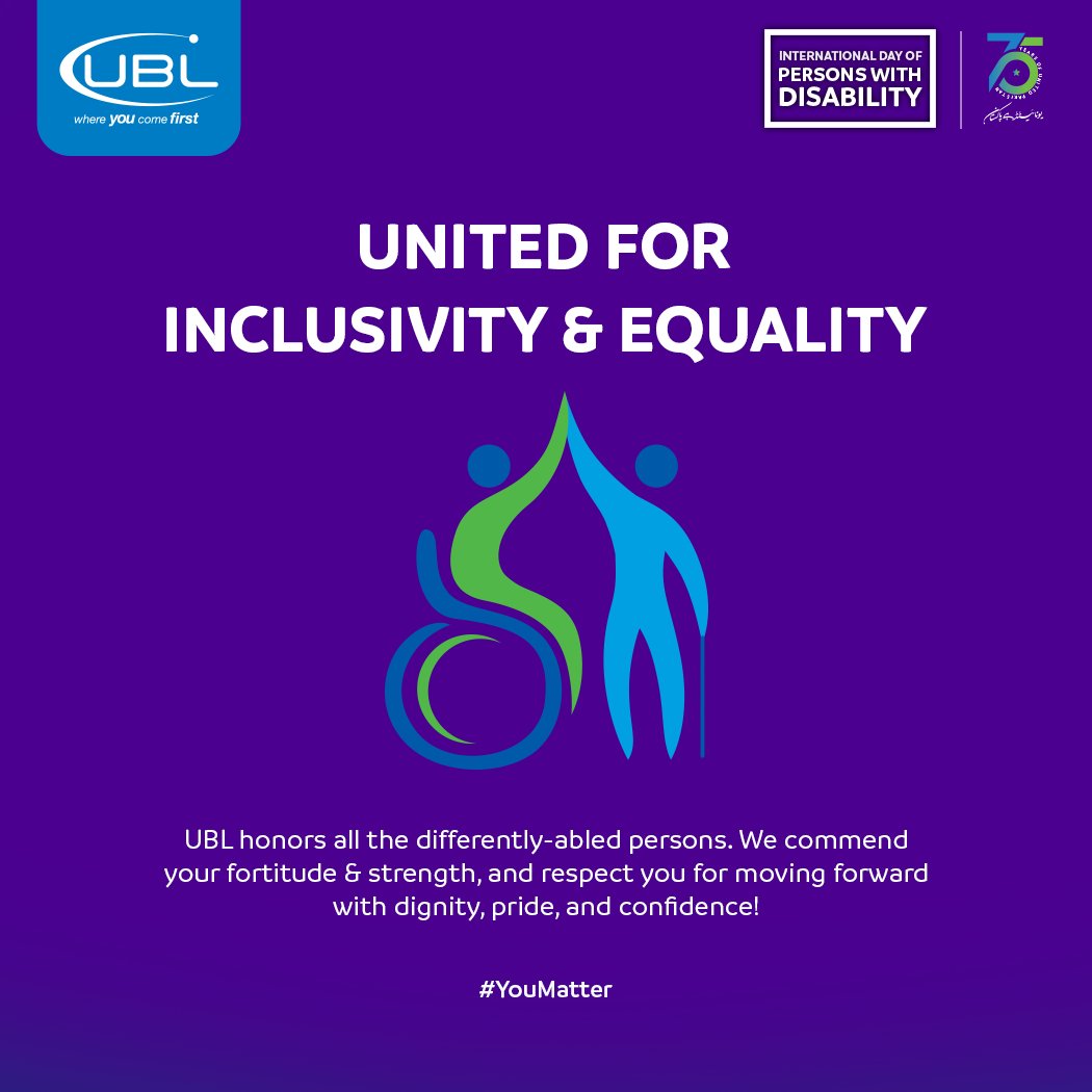UBLDigital's tweet photo. UBL honors all individuals with disabilities and honours their fortitude, courage and strength as they move forward with dignity, pride and confidence.

#UBL #YouMatter #PersonsWithDisability #PeopleWithDisablities #PeopleWithDisablitiesMatter #DisablityAwareness #UBLInclusion https://t.co/Tbag7dBv43
