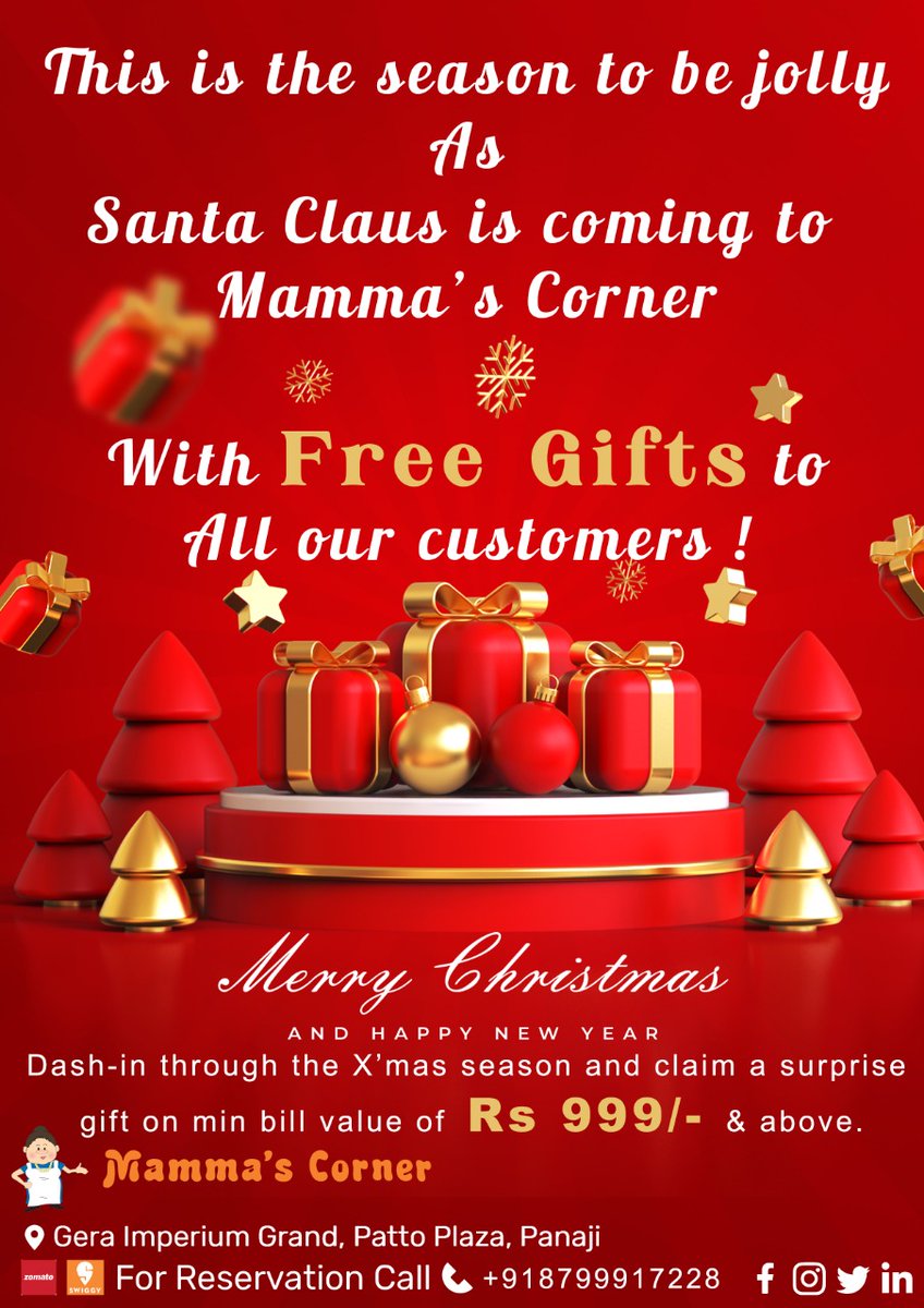 MammasCorner's tweet photo. Jingle your way to Mamma's corner and grab a free gift on a minimum bill value of Rs. 999/-. 🎁
.
Rush into our restaurant as the offer is valid till Christmas.🎅🎄
.
#seasonofgiving #xmas2022 #festivities #christmasfestivities #festiveoffers #festiveseasonoffers #christmas2022 https://t.co/VcPs28XS4O