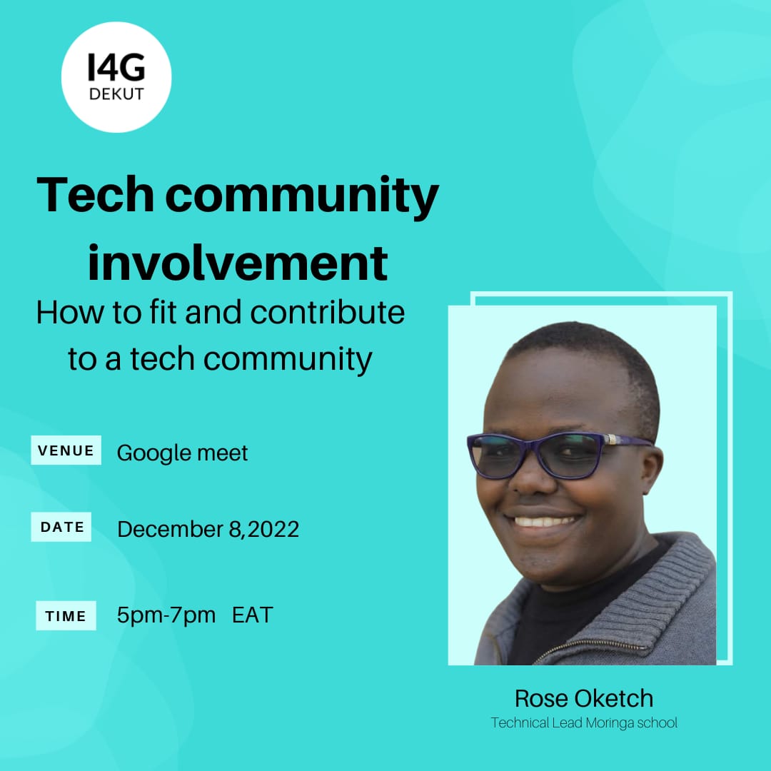 I4G DeKUT (@i4gdekut) on Twitter photo This coming Thursday we will be hosting <a href="/OketchRose/">Rose Oketch</a> ,a Technical Lead <a href="/moringaschool/">Moringa School</a> who will be disecting more on the Subject :Tech Community Involvement
📆 8th December,2022.
⏰ 5PM-7PM EAT
Venue: Google Meet
To RSVP:
docs.google.com/forms/d/e/1FAI…
<a href="/i4gdekut/">I4G DeKUT</a>
@gdsc_kimathi This coming Thursday we will be hosting <a href="/OketchRose/">Rose Oketch</a> ,a Technical Lead <a href="/moringaschool/">Moringa School</a> who will be disecting more on the Subject :Tech Community Involvement
📆 8th December,2022.
⏰ 5PM-7PM EAT
Venue: Google Meet
To RSVP:
docs.google.com/forms/d/e/1FAI…
<a href="/i4gdekut/">I4G DeKUT</a>
@gdsc_kimathi