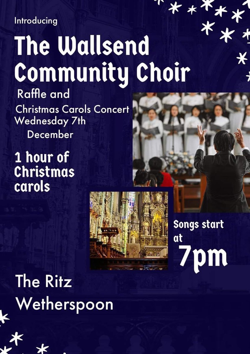 WallsendChoir's tweet photo. **Back by popular demand!** 
We will be singing a range of Christmas and other songs at The Ritz Wetherspoons, Wallsend High St, on Wednesday, 7th December at 7 p.m. Have a drink, a bite to eat, and let’s get festive! 🎄🎄🎄🎄 https://t.co/1q6pHPXngH