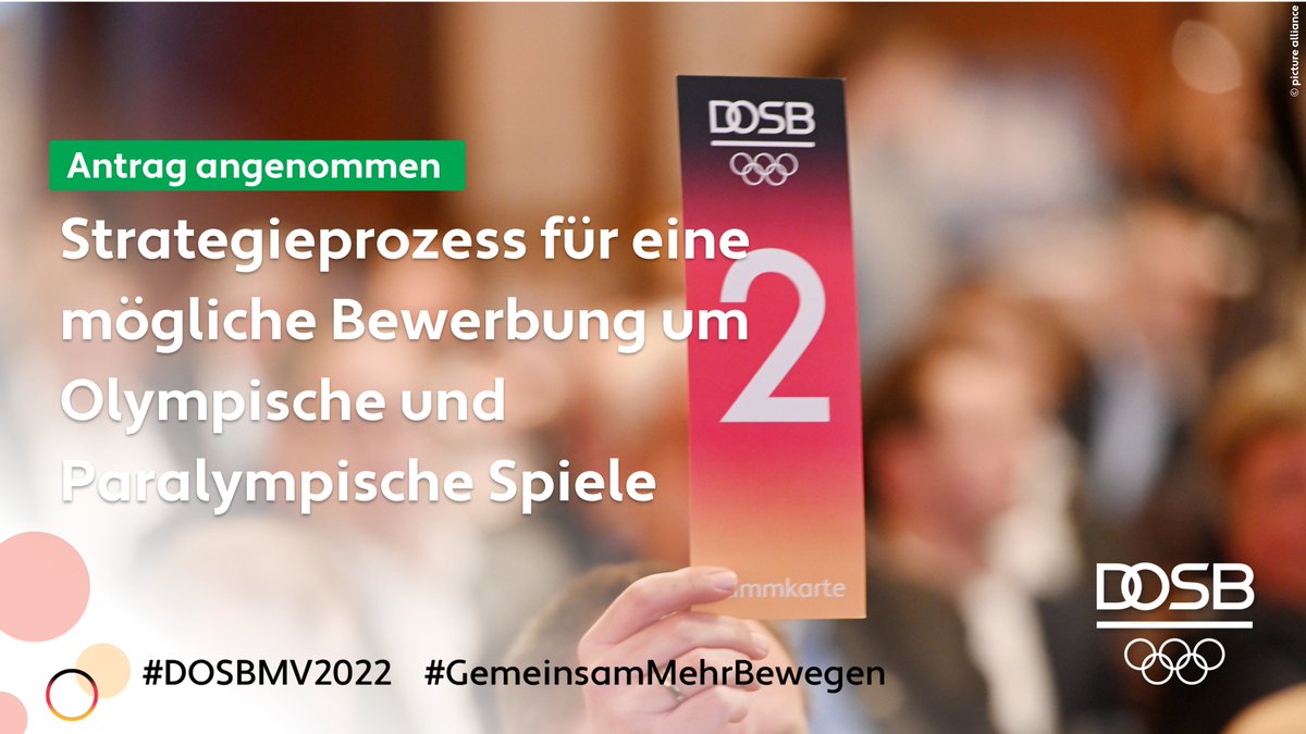 Wir machen uns auf den Weg!

Die 19. DOSB-Mitgliederversammlung hat uns soeben den Auftrag erteilt, den Strategieprozess für eine mögliche Bewerbung um Olympische und Paralympische Spiele in Deutschland anzustoßen.

Packen wir es an. Gemeinsam.

#DOSBMV2022 #GemeinsamMehrBewegen