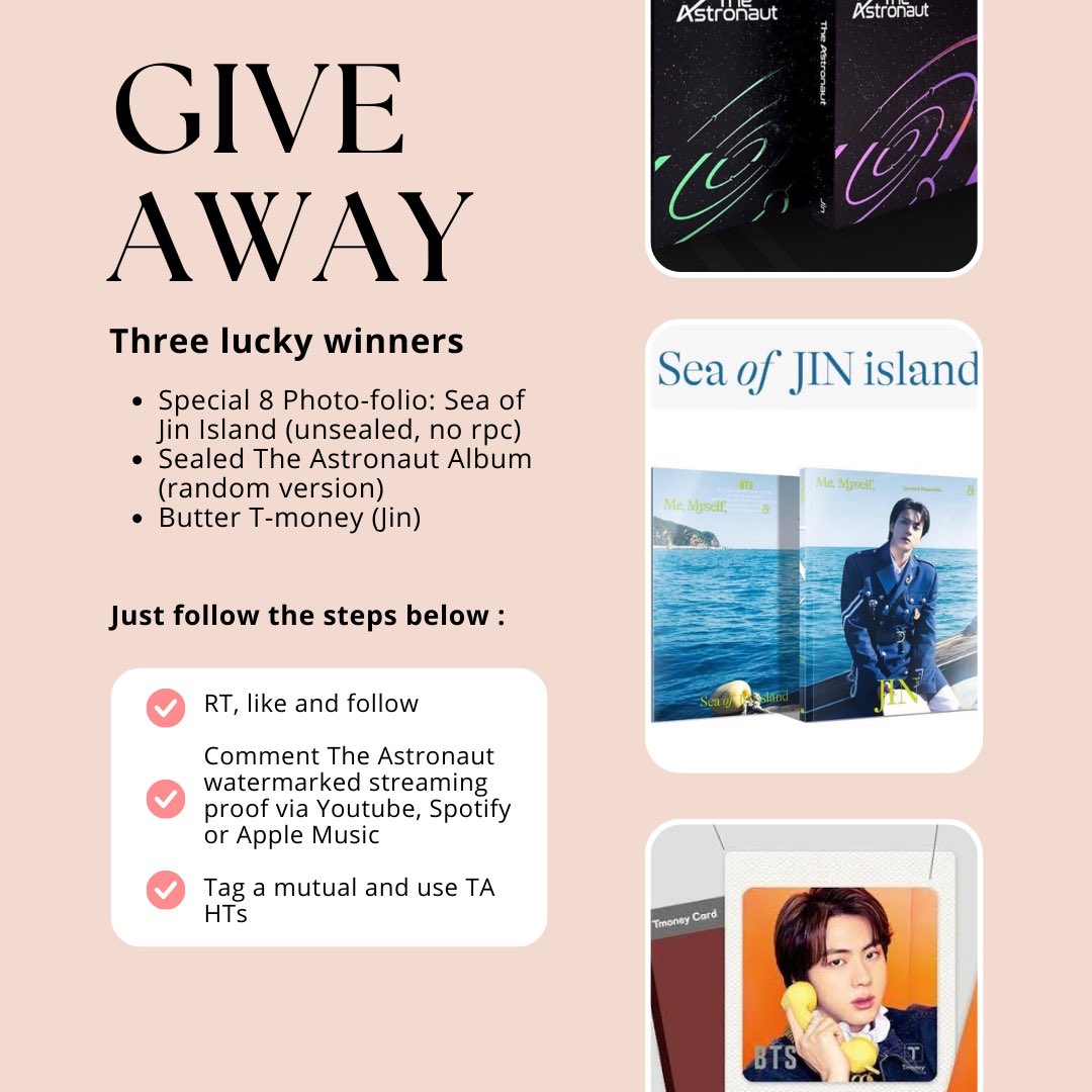 jin_moon_jin's tweet photo. #jmjGA

❇️ JIN Birthday Giveaway ❇️

Win one of these:
🔹 Jin Photo-folio (unsealed, no rpc)
🔹 Sealed The Astronaut Album (random)
🔹 Jin Butter T-money

📌Unli entries
📌Ends Dec 15, 8PM PH
📌SF paid by winner
📌Must be willing to wait, prizes under NETA

🏷️ bts seokjin bday https://t.co/dID5yoruJ8