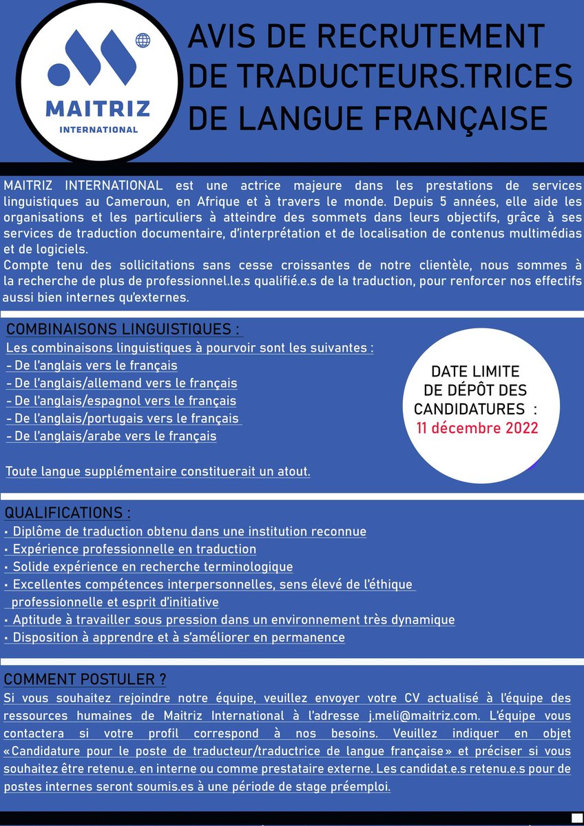 MaitrizLSP's tweet photo. Bonjour,

NOUS RECRUTONS!

#Maitriz #Translators #ENFR #DEFR #ESFR #PTFR #ARFR #Cameroun https://t.co/Cr8G2PBkrg