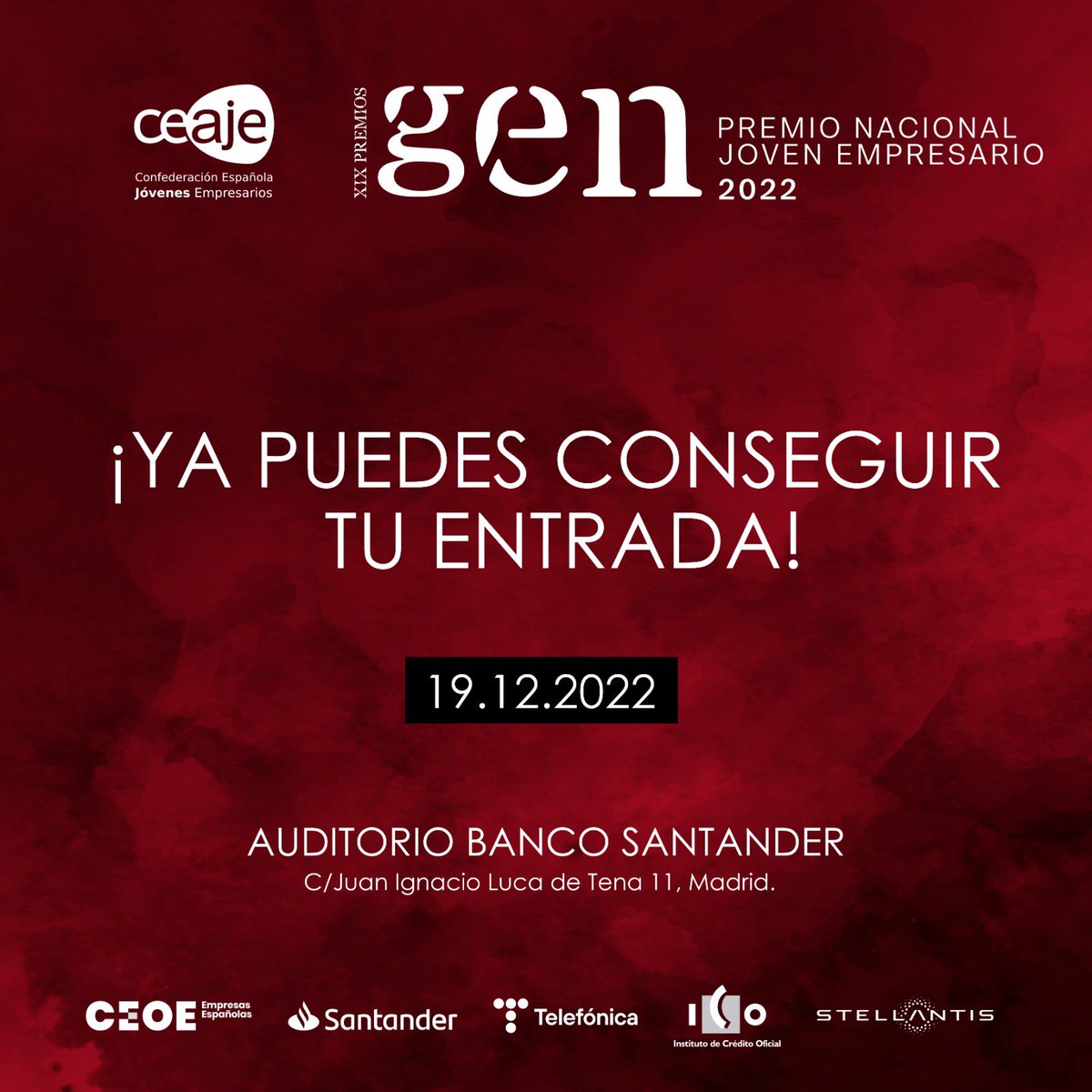 Ha llegado el momento 🏆

¿Quieres venir a la gala de entrega del Premio Nacional Joven Empresario 2022? 

Reserva ya tu entrada y te esperamos el 19.12.2022.

Falta menos de un mes para la mayor celebración de <a href="/CEAJE/">CEAJE</a> y queremos contar contigo‼️

bit.ly/3PcxMk1