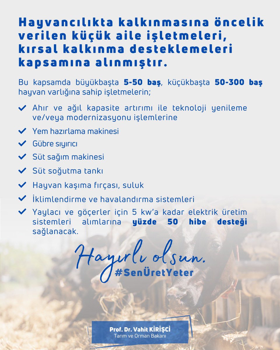VahitKirisci's tweet photo. Hayvancılık alanında faaliyet gösteren küçük ölçekli aile işletmelerimizi, kırsal kalkınma yatırımlarının desteklenmesi programına dahil ettik.

Aile işletmelerini desteklemeye devam edeceğiz. Hayırlı olsun.

#SenÜretYeter https://t.co/OVcdZa41CH