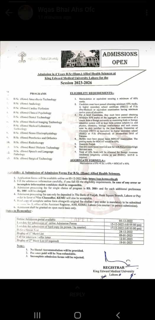 Admissions open in BSC Allied Health science in KEMU..
