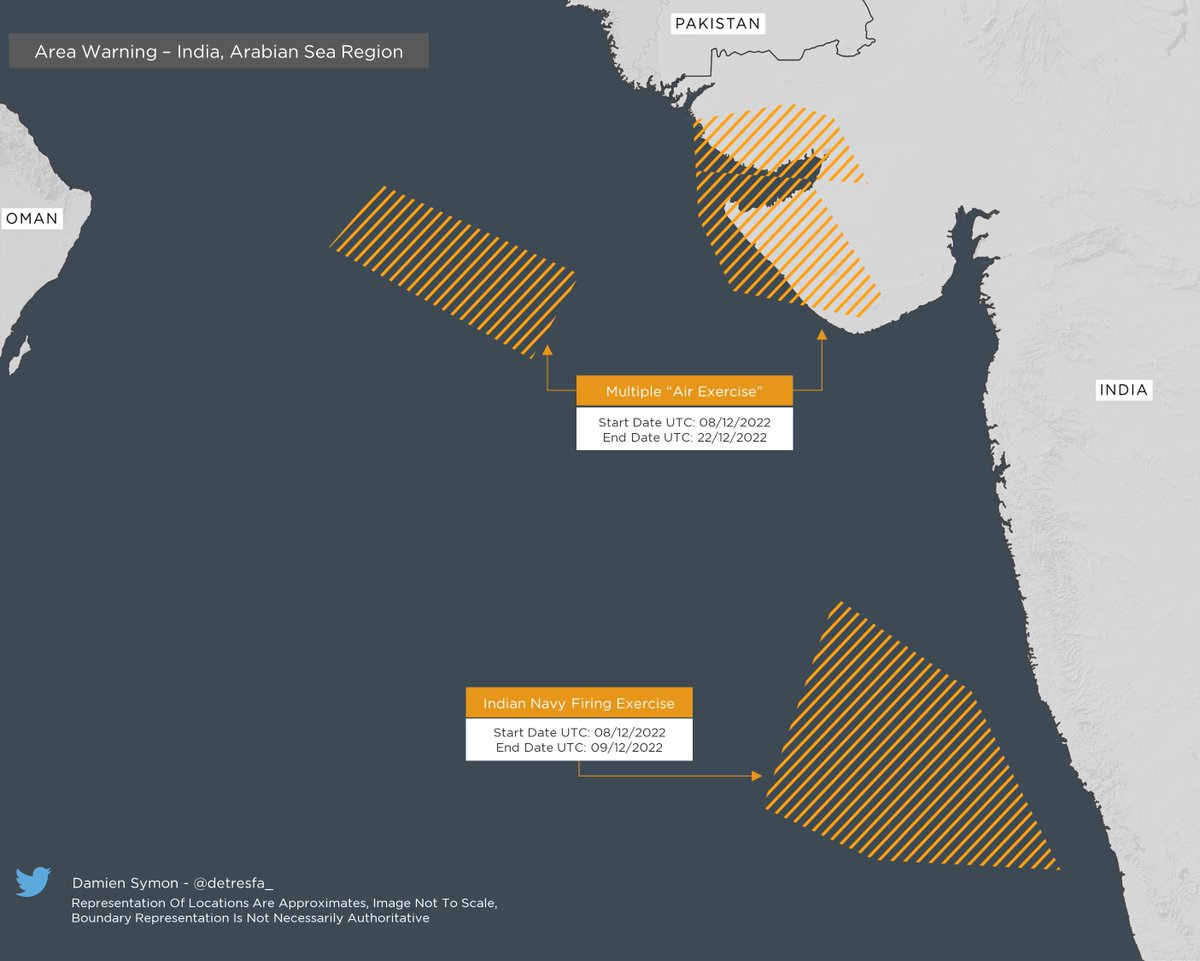 #AreaWarning #India issues multiple notifications for Air Exercise(s) and Naval firing in the Arabian Sea region 

Exercise Window | 08 - 22 Dec 2022