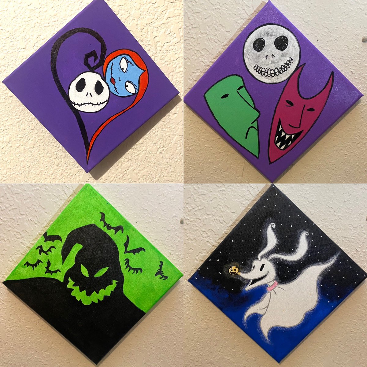 losespada73's tweet photo. 8“ x 8“ commission paintings #timburton #nightmarebeforechristmas 
#jackandsally 
#zero
#lockstockbarrel 
#oggieboogie 
#disneyland 
#disneyworld  
#painting 
#manacave 
#gallerywall 
#createx 
#canvas
#wall
#acrylicpainting 
#sheshed
#homedecor
#handmade 
#paintbrush https://t.co/em435UTi1S