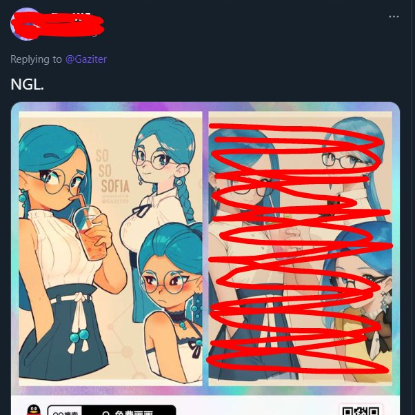 Gaziter's tweet image. So apparently putting an artist&apos;s work into an AI and posting it is something people do now?....
please don&apos;t do this. it&apos;s disrespectful to my work and honestly kind of insulting