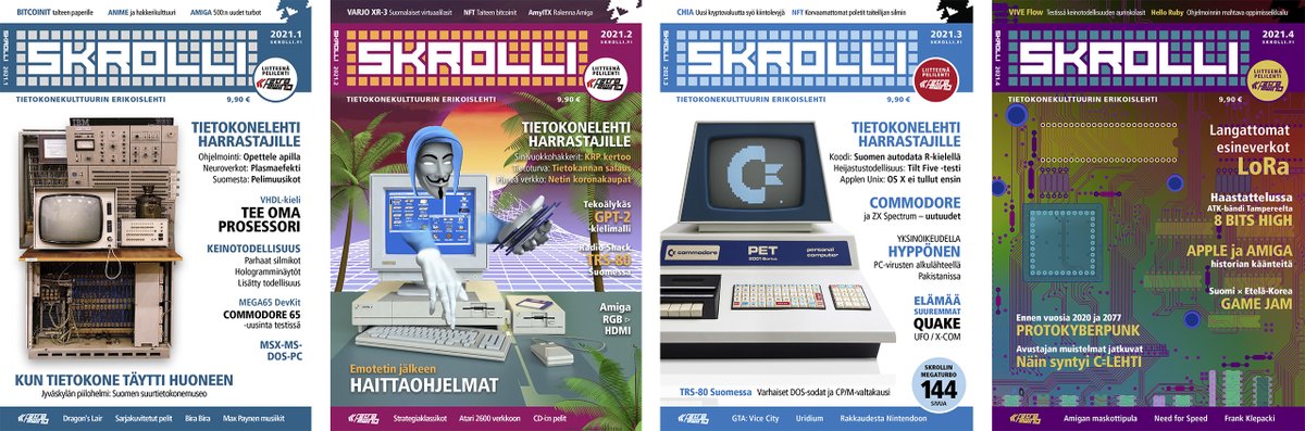 Yksi tietokonelehti Skrollin arvoista on, että vanhat lehtemme vapautetaan maksuttomaan jakeluun. Tällä hetkellä kaikki vuotta vanhemmat Skrollin pdf-lehdet ovat ladattavissa maksutta kotisivuiltamme sekä luettavissa Internet Archive -verkkokirjastossa. skrolli.fi/numerot
