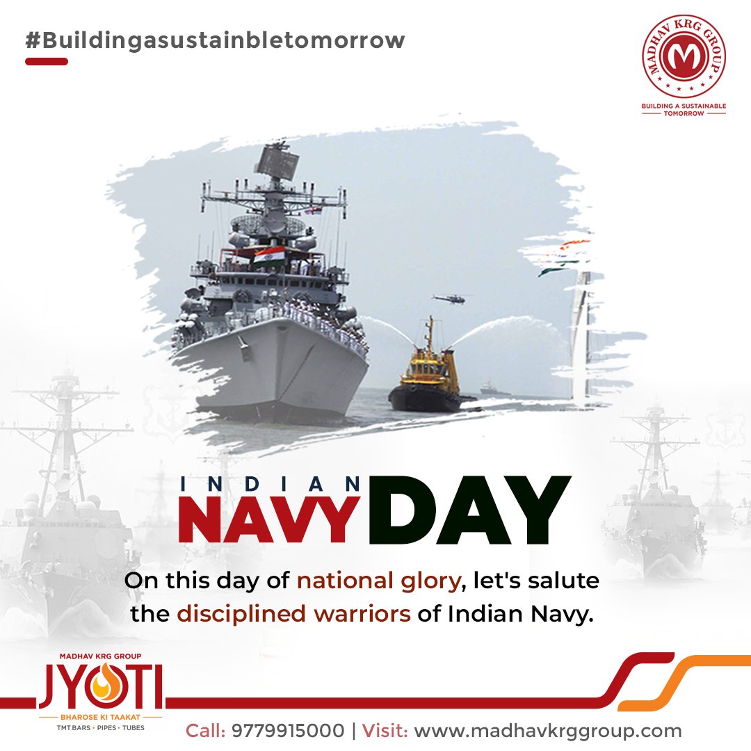 MadhavKRGGroup's tweet photo. On this day of national glory,
let's salute the disciplined warriors of Indian Navy.
Happy Indian Navy Day!
#IndianNavyDay #indiannavypride #indiannavyflag #indiannavyship #navyprotools #MadhavKrg #madhavkrggroup #professionals #business #IndiaSteel #gratitudemission https://t.co/kVweJ1lQjh