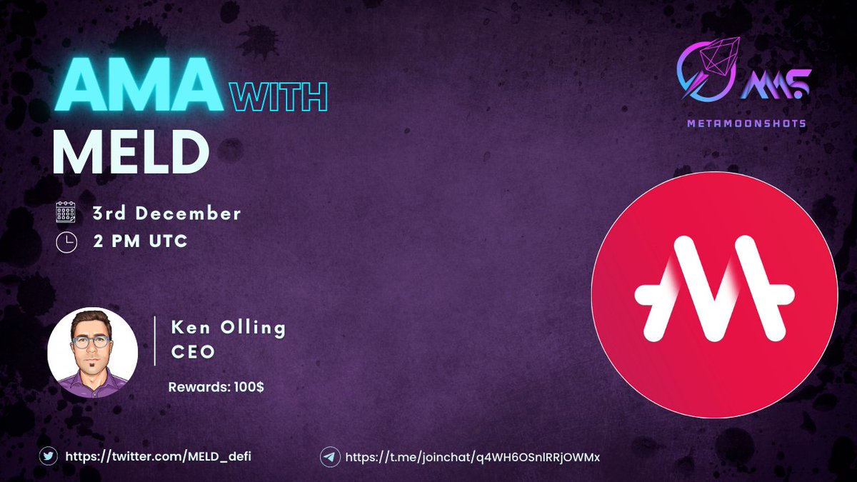 Join the #metamoonshots #AMA with @MELD_Defi ! 
 
⏰ Date: 2:00 PM on December 3rd 2022(UTC) 
📍 AMA Venue: t.me/metamoonshotsc… 
💰 Total Rewards: 100$ 
 #Meld #ama 
5 Questions from this tweet will be selected and rewarded. Like, Retweet and tag 3 friends.