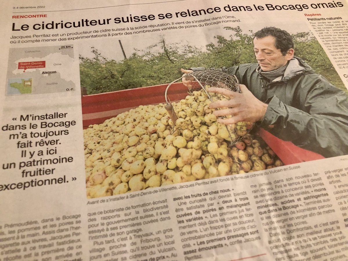 NGuegan's tweet photo. Avec @EmmFrancois, nous avons rencontré Jacques #Perritaz, la star suisse du cidre, qui a posé ses valises dans le #Bocage, au pays des poires. À lire aujourd’hui dans @OuestFrance https://t.co/ahFFkPhl3s https://t.co/l3PaSMQF3q