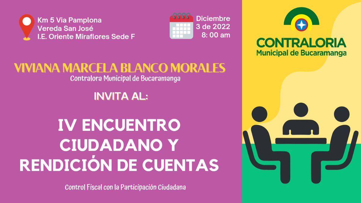 📣 #Hoy 4️⃣ #EncuentroCiudadano y Rendición de Cuentas de la <a href="/ContraloriaBga/">ContraloríaBga</a>
🗓️ Sábado 03 de Diciembre
🕘 8:00am  
📍I.E. Oriente Miraflores Sede F