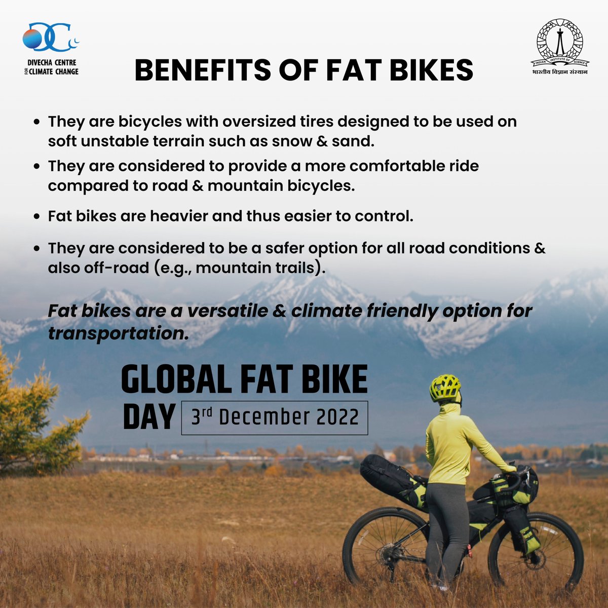 DivechaFor's tweet photo. On Global Fat Bike Day, we identify how bicycles designed for traversing multiple terrains (e.g., snow, sand, bogs, and mud) can be a climate friendly option for transportation.
.
.
.
.
#GlobalFatBikeDay #fatbiking #fatbikes #fatbikelife #fatbikelifestyle #bikepackinglife #mtb https://t.co/DUVzZyKee3