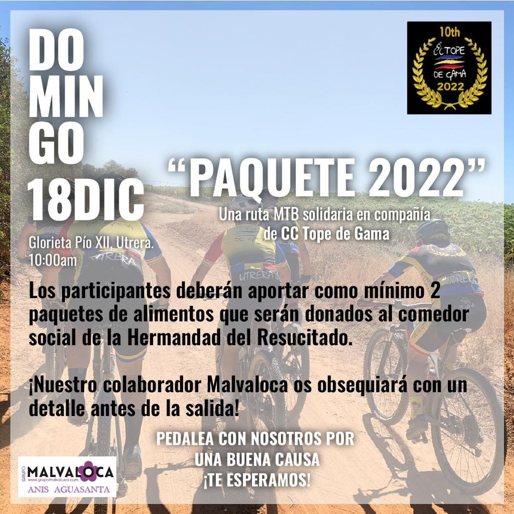 cctopedegama's tweet image. 🚴‍♂️¡¡Buenas compañeros!!🚴‍♂️

📆 El día 18 de diciembre 
📍 Saldremos de la Glorieta Pio XII, Utrera, a las 10:00 a.m.

🍸 Nuestro colaborador Malvaloca obsequiará a los participantes con un pequeño detalle en la salida.

#cctopedegama #rutamtb #rutasolidaria #malvaloca