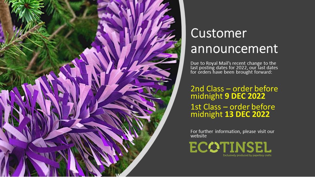 We have brought forward our last order dates to reflect RM’s update. We handcraft every #Ecotinsel garland, so don’t miss out! #lastpost #christmas2022 #ecofriendly