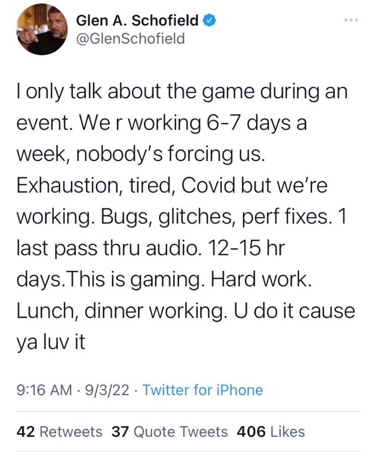JimSterling's tweet photo. Given how fucking *awful* The Callisto Protocol is, the glorification of crunch culture from its director is downright embarrassing. 

Crunch has NEVER been the reason a game is good. Overworking people is the opposite of quality control. 

Crunch Is A Failure Of Leadership(tm). https://t.co/ZQzVDA6VLV