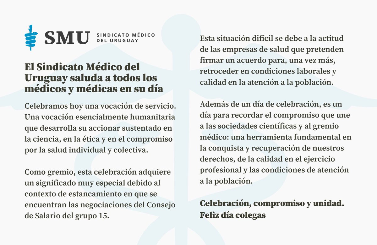 smuruguay's tweet photo. ⚕️𝟯 𝗱𝗲 𝗱𝗶𝗰𝗶𝗲𝗺𝗯𝗿𝗲: #DIAINTERNACIONALDELMEDICO 
𝗙𝗲𝗹𝗶𝘇 𝗱𝗶́𝗮 𝗰𝗼𝗹𝗲𝗴𝗮𝘀👨‍⚕️👩‍⚕️ https://t.co/ukYBtD03oo