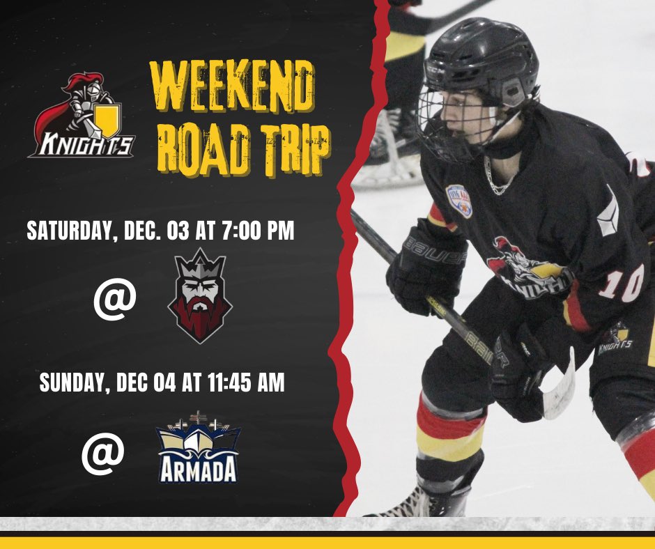 The Knights hit the road today for weekend games against the <a href="/KingsHockeyClub/">Kings U16AAA Hockey Club</a> and <a href="/BasinArmada/">Basin Armada</a>. Catch tonight’s game at 7pm on FB @Kings Hockey Club. Tomorrow’s livestream link TBA. #GoKnights⚔️🏒