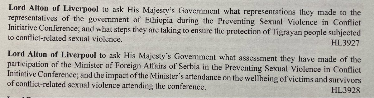 Tigrayan and other victims of appalling violence - Questions to the Government about the PSVI conference held in London this week