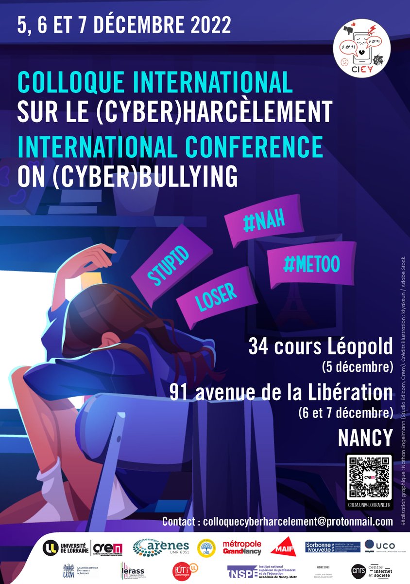 Du 5 au 7 décembre aura lieu à Nancy la première édition de CICY, colloque international sur le (cyber)harcèlement, coorganisé par Bérengère Stassin, Lucie Delias et moi-même. N'hésitez pas à jeter un œil au programme au lien suivant. crem.univ-lorraine.fr/recherche/even…