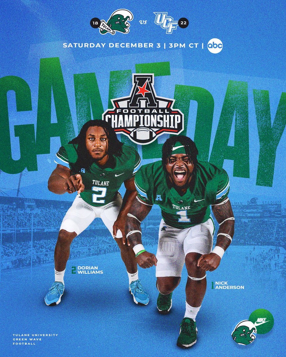 Tulane Football (@greenwavefb) on Twitter photo Itโs Championship Game Day!
๐: <a href="/American_Conf/">The American</a> Championship
๐: UCF
โฐ: 3:00 PM
๐: Yulman Stadium
๐บ: ABC
๐ป: 104.1 FM & <a href="/TulaneAthletics/">Tulane Green Wave</a> App
๐: TulaneTix.com
#RollWave | #NOLABuilt Itโs Championship Game Day!
๐: <a href="/American_Conf/">The American</a> Championship
๐: UCF
โฐ: 3:00 PM
๐: Yulman Stadium
๐บ: ABC
๐ป: 104.1 FM & <a href="/TulaneAthletics/">Tulane Green Wave</a> App
๐: TulaneTix.com
#RollWave | #NOLABuilt