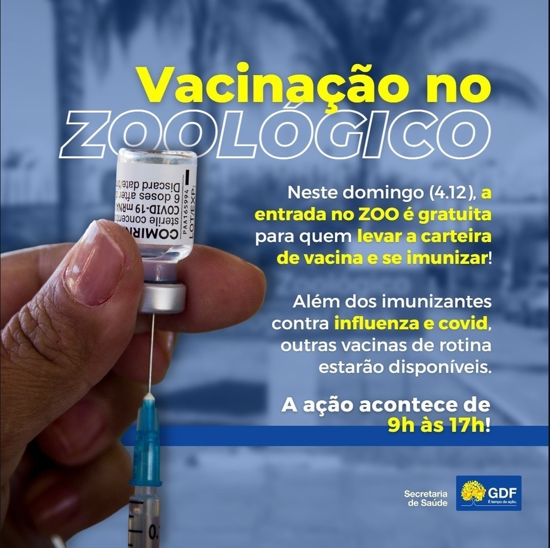 Olha que oportunidade de atualizar a carteira de vacinação e visitar o Zoo grátis!

Via <a href="/secsaudedf/">Secretaria de Saúde do DF</a> 💉Para quem for se imunizar e levar o cartão de vacina, a entrada no parque é gratuita. 
Um acompanhante de menores de 12 anos também terá acesso liberado.
Leve a caderneta!