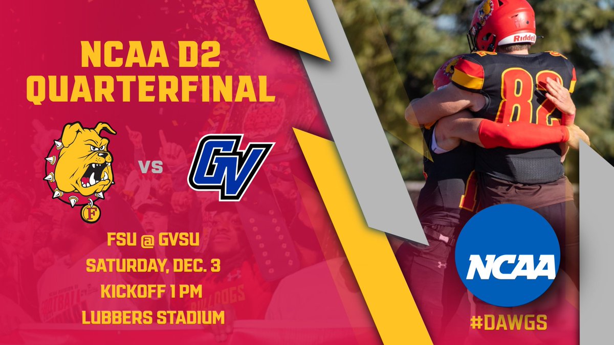 FerrisFootball's tweet photo. REGIONAL FINAL! Ferris State takes on rival GVSU today in Allendale in the national quarterfinals. Kickoff 1 pm! Go Bulldogs! #BeatGV https://t.co/xux8E6F2fg