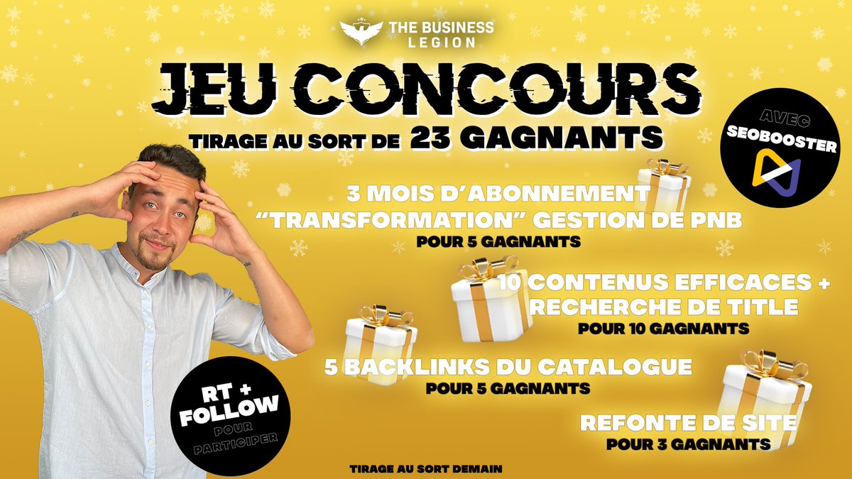 🎅CONCOURS #SEO feat seobooster.fr🎁

1. Follow <a href="/WoodsDolls/">Romain Pirotte</a> / <a href="/mathiasmtc1/">Mathias - seobooster.fr 🚀</a>
2. RT + Like

23 GAGNANT - +3000€ de lots 🔥🔥🔥

Les LOTS 👇👇👇