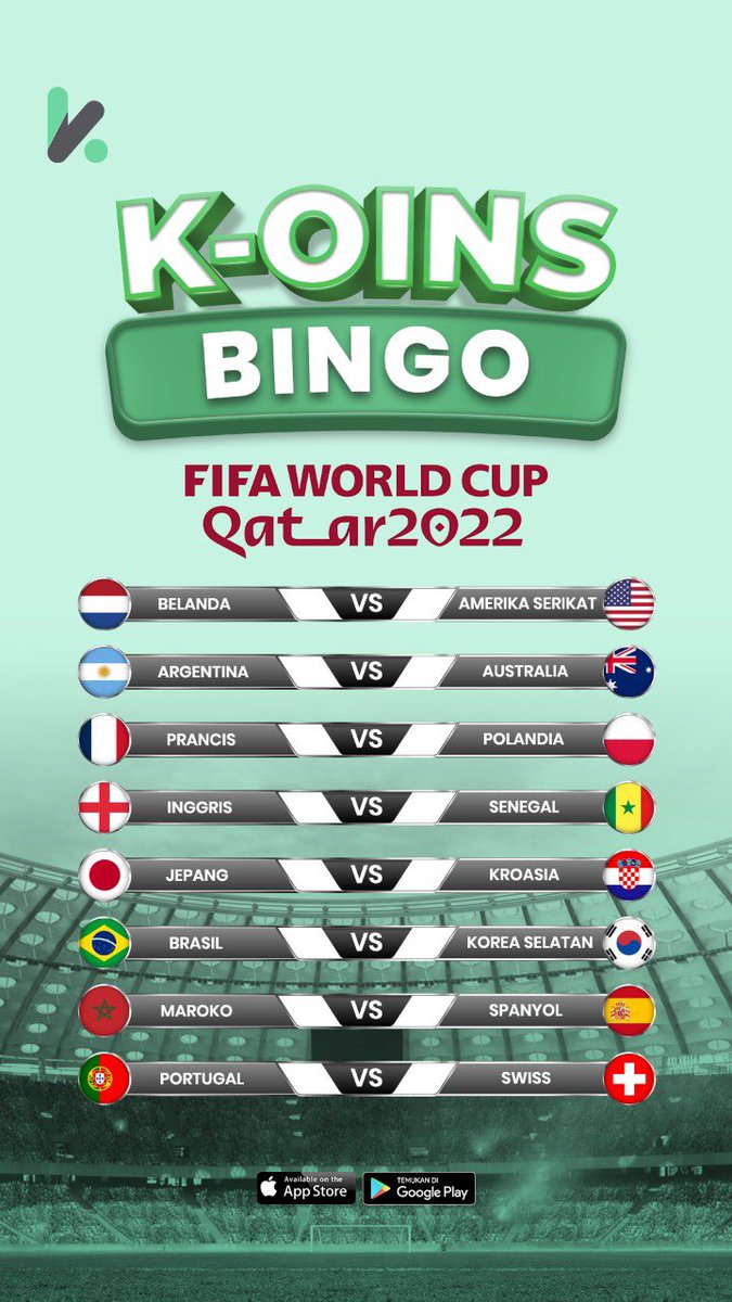 koins_id's tweet photo. 🚨BINGO TOTAL 1 JUTA RUPIAH🚨

-RT dan like tweet ini 
-Wajib daftar akun K-OINS 
-Peserta harus menebak negara yang menjadi pemenang sebanyak 5X dari total 8 match
-reply tweet ini memakai template BINGO! 

tag: tebak skor world cup piala dunia 2022 https://t.co/v4yGIJibAf