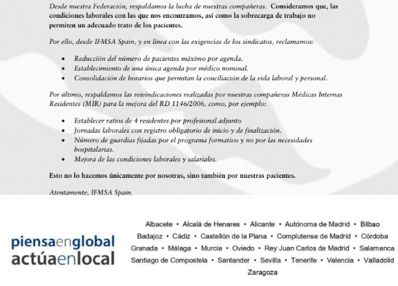 Desde IFMSA Spain, con motivo del Día Internacional del Médico (3 de diciembre), emitimos el siguiente comunicado en solidaridad con nuestras compañeras de Atención Primaria y las Médicas Internas Residentes (MIR).

¡No es solo por nosotras, también por nuestras pacientes!