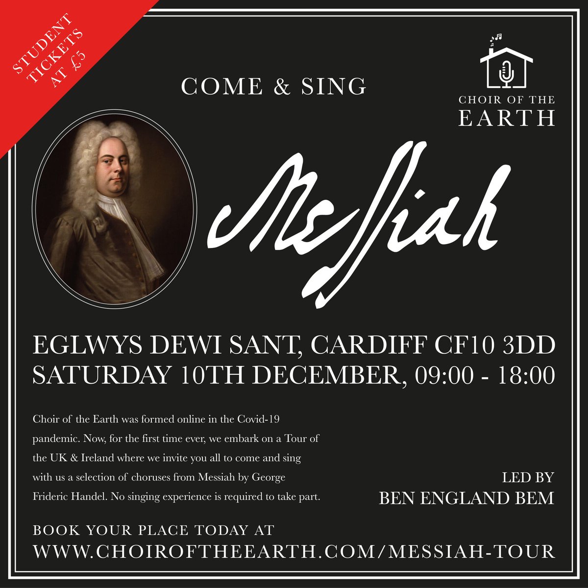 One week to go until our next #MessiahTour event in #Cardiff! Are you joining us? As well as our usual #ComeAndSing choruses, we're very excited to offer everyone the unique opportunity to learn, sing and record 'Hallelujah' in Welsh! Read more & BOOK NOW: choiroftheearth.com/messiah-tour