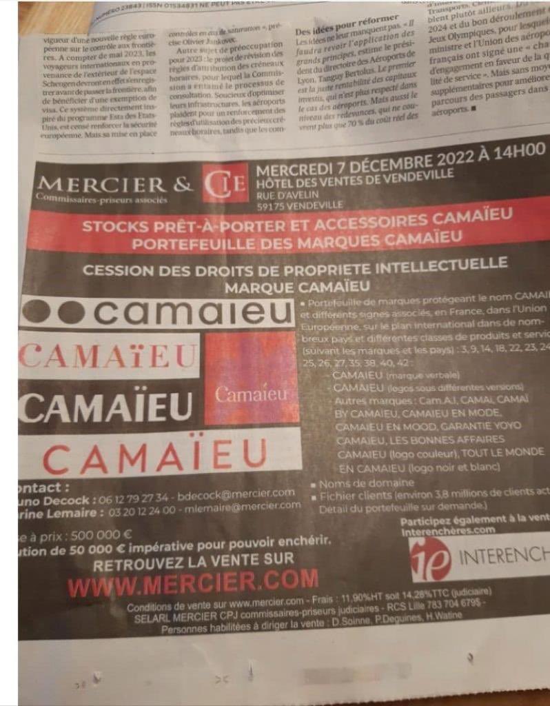 JeanMarieCAVADA's tweet image. URGENT 🚨
Une offre curieuse publiée à l’hôtel des ventes de Lille : le fichier-clients de @Camaieu_France en faillite proposé en vente mondiale aux enchères...il contient des #données de 3,8 M de clients !