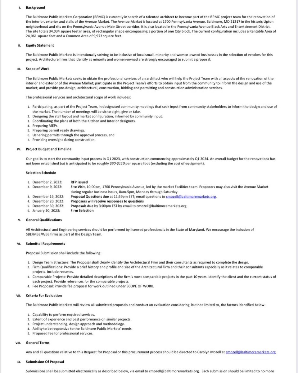 Stinnett_41st's tweet image. Attention MBE &amp;amp; WBE Architects….

The Baltimore Public Markets Corporation (BPMC) is currently in search of a talented architect to become part of the BPMC project team for the renovation of the interior, exterior and stalls of the Avenue Market.
#BPMC