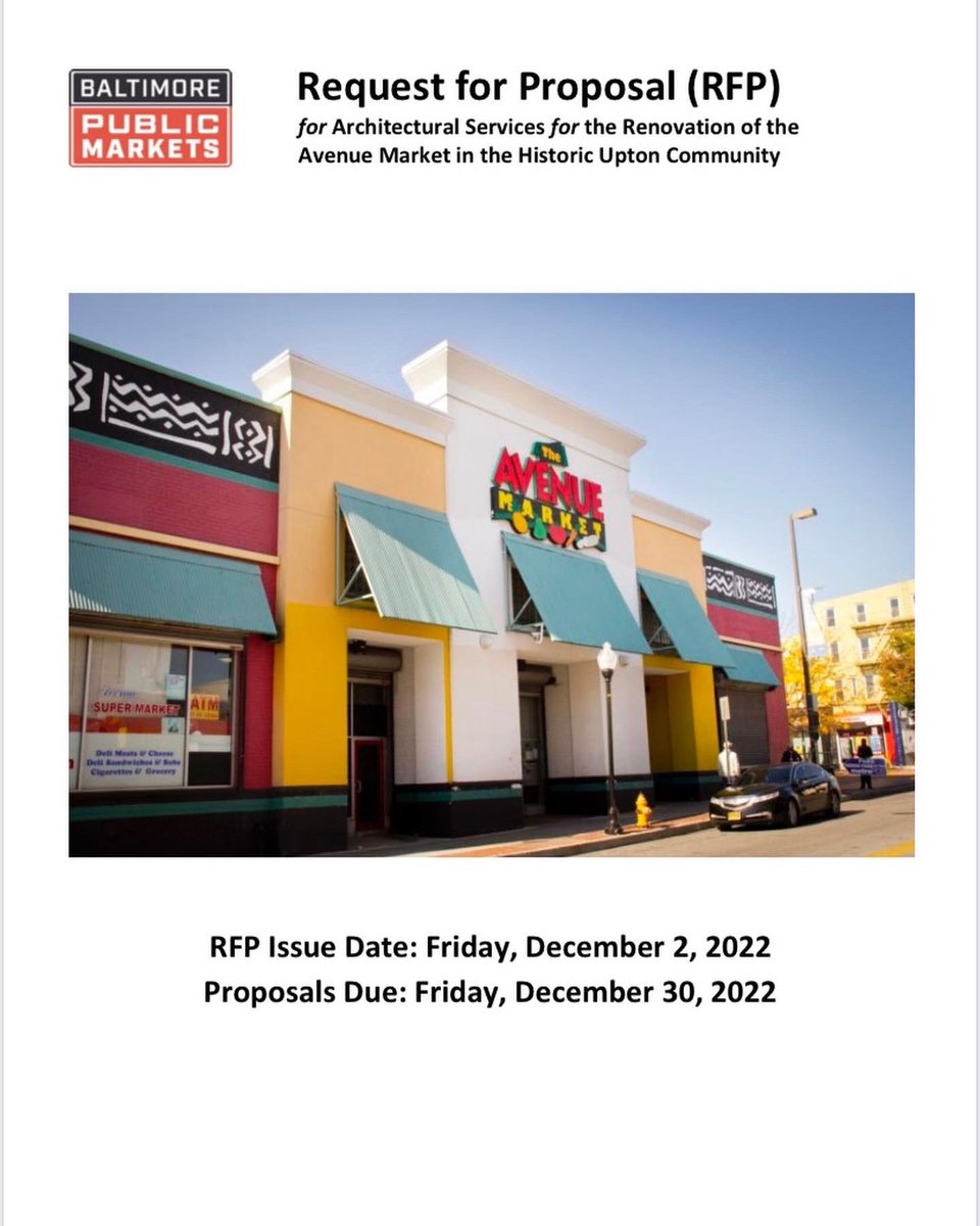 Stinnett_41st's tweet image. Attention MBE &amp;amp; WBE Architects….

The Baltimore Public Markets Corporation (BPMC) is currently in search of a talented architect to become part of the BPMC project team for the renovation of the interior, exterior and stalls of the Avenue Market.
#BPMC