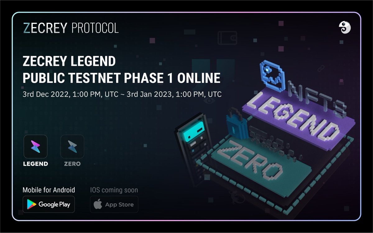 📢#ZecreyLegend official public testnet phase 1 is online now! Check out the details below⬇️:

bit.ly/3uovCUO

Claim OAT: bit.ly/3ETp9pA
Lucky draw for Legend Genesis NFT: bit.ly/3VRQY8N
Duration: 3 Dec 2022, 1:00 pm, UTC ~ 3 Jan 2023, 1:00 pm, UTC