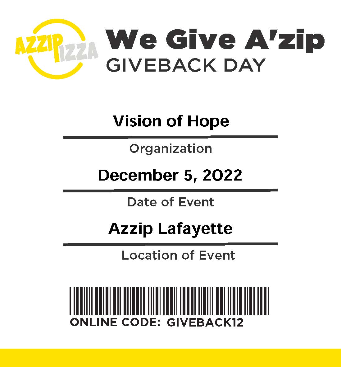 vohlafayette's tweet photo. Don't forget! This Monday December 5th is our AZZIP giveback day!
Visit AZZIP on Farabee drive (105 Farabee Dr S, Lafayette, IN 47905) and give them the code GIVEBACK12 when you order for 20% of your payment to be donated to Vision of Hope ministries! 
#AZZIP #givebackday https://t.co/50kfRd7Kzd