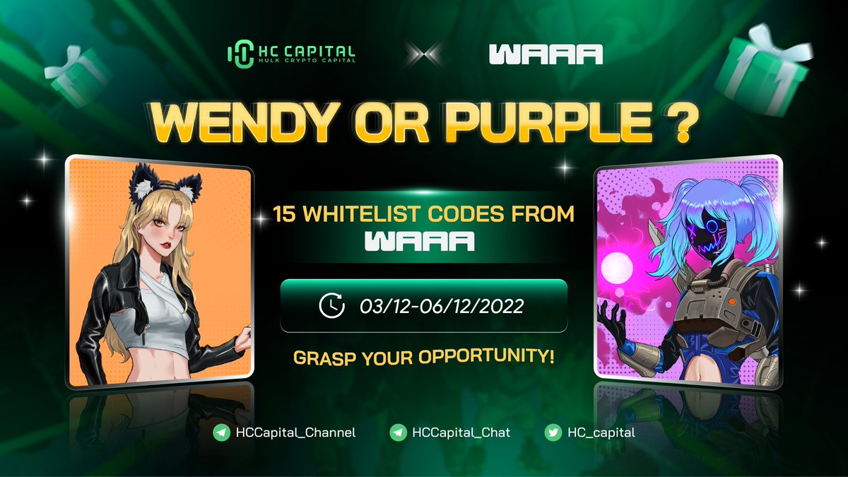 hc_capital's tweet image. 🔥  @WAAAOfficial 15 WHITELIST GIVEAWAY 🔥

Step 1: Follow Twitter bit.ly/Twitter-WAAA, join Telegram bit.ly/Telegram-WAAA and retweet this post
Step 2: Comment name of your favorite character in the banner's image - "Purple" or "Wendy"

 👉 See the project's details below